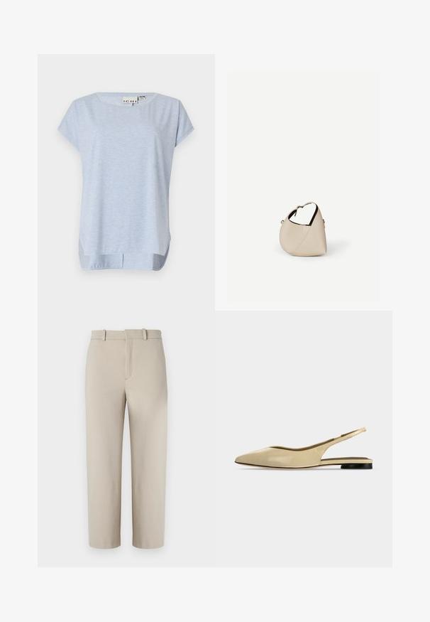 Top de manga corta azul claro, hecho de una tela suave, con un escote redondeado y un corte holgado; cuenta con aberturas laterales en el dobladillo.; Pantalones cortos beige, diseño entallado, con frente plano y cremallera oculta, dos bolsillos laterales, hechos de una suave tela de mezcla de algodón.; Zapato plano beige con puntera puntiaguda, diseño slingback, tacón bajo negro y acabado en cuero liso, mostrado de perfil sobre un fondo liso.; Bolso de cuero beige en forma de media luna con una sola correa para el hombro y costuras mínimas, colocado sobre un fondo blanco liso.