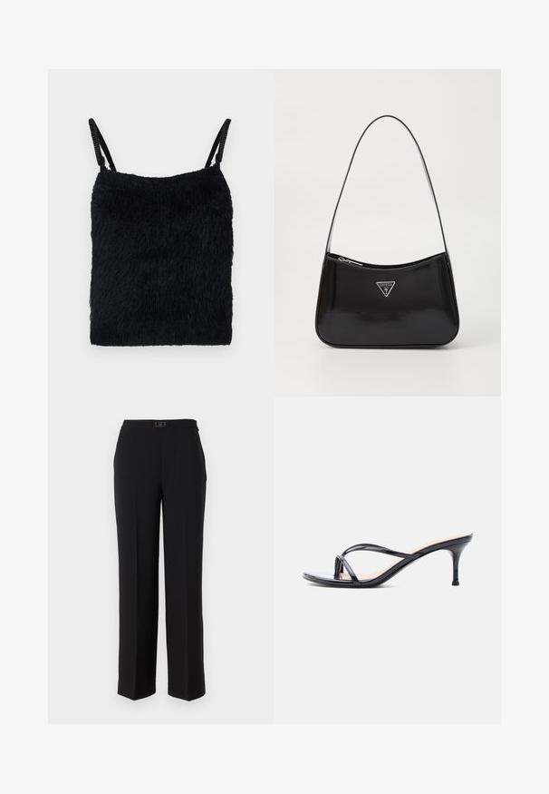 Haut en tissu noir duveteux avec des fines bretelles. Surface texturée, forme carrée et design léger. Schéma de couleur simple et monochromatique.; Pantalon tailleur noir en tissu lisse, avec une coupe droite, une taille ornée d'une boucle argentée décorative et sans motifs visibles.; Sandale à talon en cuir verni noir avec fines lanières croisées et talon aiguille moyen et élancé sur fond blanc.; Sac à épaule en cuir verni noir avec une forme incurvée, présentant un logo triangle en argent et une fermeture éclair. Texture lisse et bandoulière fine.