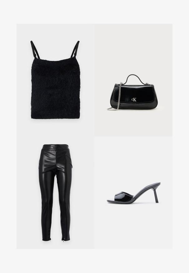 Haut en tissu noir duveteux avec des fines bretelles. Surface texturée, forme carrée et design léger. Schéma de couleur simple et monochromatique.; Leggings en simili cuir noir taille haute avec une texture lisse et brillante, coutures latérales et fermetures éclair aux chevilles pour une silhouette ajustée.; Sandales à talons ouverts en cuir verni noir, avec un design supérieur incurvé et un talon aiguille effilé. Finition lisse et brillante.; Sac à main en cuir noir avec une chaîne en bandoulière, forme structurée et accent logo argenté. Texture lisse avec un rabat.