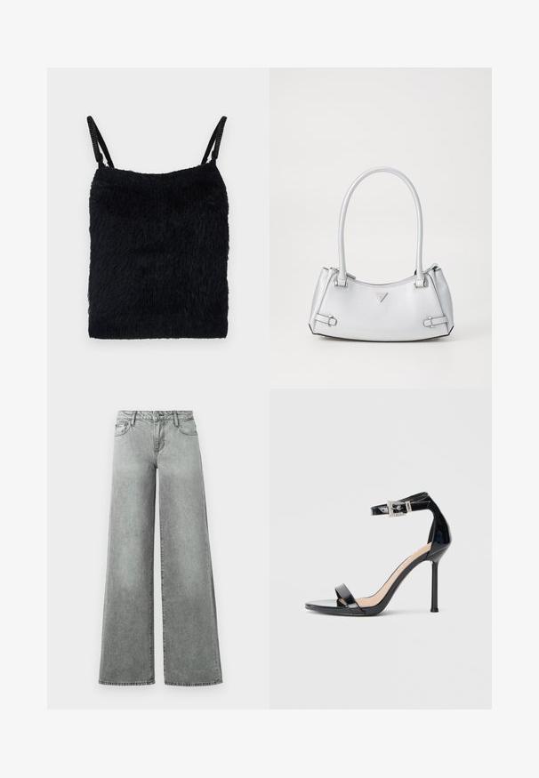 Sort fuzzy stof top med tynde stropper. Tekstureret overflade, firkantet form og let design. Enkel, monokrom farveskema.; Grå vidde jeans lavet af denim, med fem lommer, høj talje og en let falmet finish med synlige sømme.; Sort højhælet sandal i laklæder med ankelrem. Har minimalistisk design, åben tå og spænde med rhinsten-detaljer.; Sølv håndtaske med et struktureret design, der har to håndtag, en skinnende overflade, accenthardware og et trekantet logo på fronten.