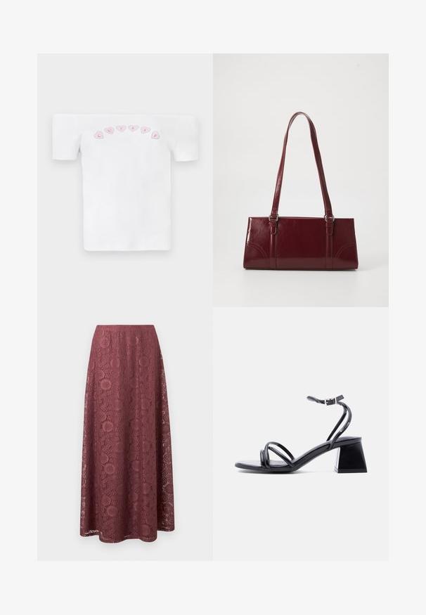 Hvid off-shoulder t-shirt lavet af bomuld, med et rosa hjerte mønster og teksten "CUTIES" i en legesyg skrifttype hen over brystet.; Lang mauve blonderok med blomster- og geometriske mønstre, A-formet silhuet og en glat talje.; Sort sandal med stropper, åben tå, ankelspænde og blokhæl, vist i sidelæns syn på en ensartet lys baggrund.; Bordeaux håndtaske lavet af glansfuldt materiale, rektangulær form, med to skulderremme og subtile buede detaljer på forsiden.