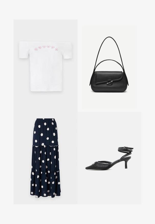 Camiseta blanca sin mangas de algodón, con un patrón de corazones rosas y el texto "CUTIES" en una fuente divertida en el pecho.; Falda maxi de lunares azul marino con patrones circulares blancos, que presenta un diseño en capas y una cinturilla elástica para mayor comodidad.; Tacón kitten negro de punta puntiaguda con parte superior de encaje, borde festoneado y correa de tobillo envolvente con cierre de hebilla.; Bolso de cuero negro con bordes redondeados, solapa asimétrica, cierre circular de metal y correas de hombro cortas y largas.