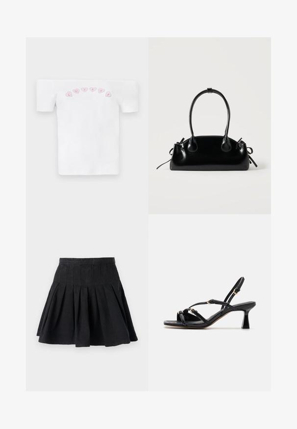Camiseta blanca sin mangas de algodón, con un patrón de corazones rosas y el texto "CUTIES" en una fuente divertida en el pecho.; Falda negra plisada hecha de tejido de algodón. Presenta una cintura ajustada y un dobladillo acampanado. Diseño sencillo sin patrones visibles ni adornos.; Call it Spring DIANAH - Sandalias - black; Pequeño bolso negro brillante con dos asas largas y detalles de cordón lateral sobre un fondo claro liso.