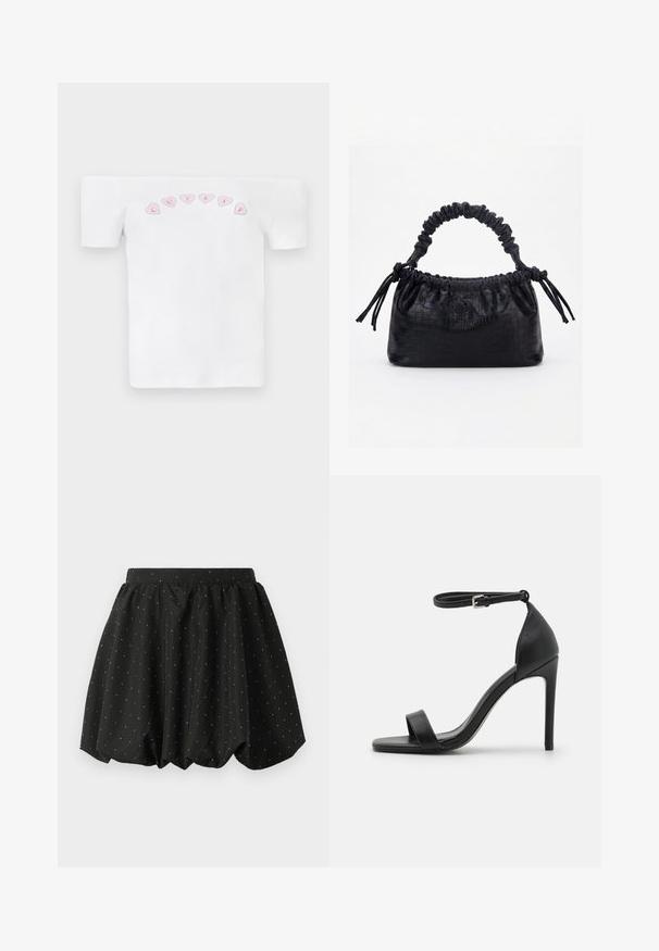 Hvid off-shoulder t-shirt lavet af bomuld, med et rosa hjerte mønster og teksten "CUTIES" i en legesyg skrifttype hen over brystet.; Sort bubble nederdel med elastisk talje og hvid prikket mønster. Lavet af letvægtsstof, med et voluminøst design og buet kant.; Sort højhælet sandal med et sleek design, der har en ankelrem, åben tå og glat lædertekstur.; Sort taske med krokodilletekstur, rynket øverste kant, samlet hank og snore med kvaster på hver side mod en hvid baggrund.