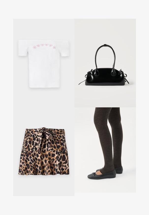 Witte off-shoulder t-shirt van katoen, met een roze hartpatroon en de tekst "CUTIES" in een speelse lettertype op de borst.; Mini-jurk met een luipaardprint, gemaakt van een zachte stof, met een uitlopende snit, een gestrikte tailleband en contrasterende zwarte en bruine vlekken op een beige achtergrond.; Benen met donkere geribbelde leggings gecombineerd met zwarte ballerina's met kleine strikdetails op een witte achtergrond.; Kleine zwarte glanzende handtas met twee lange hengsels en zijkant trekkoord details op een effen lichte achtergrond.
