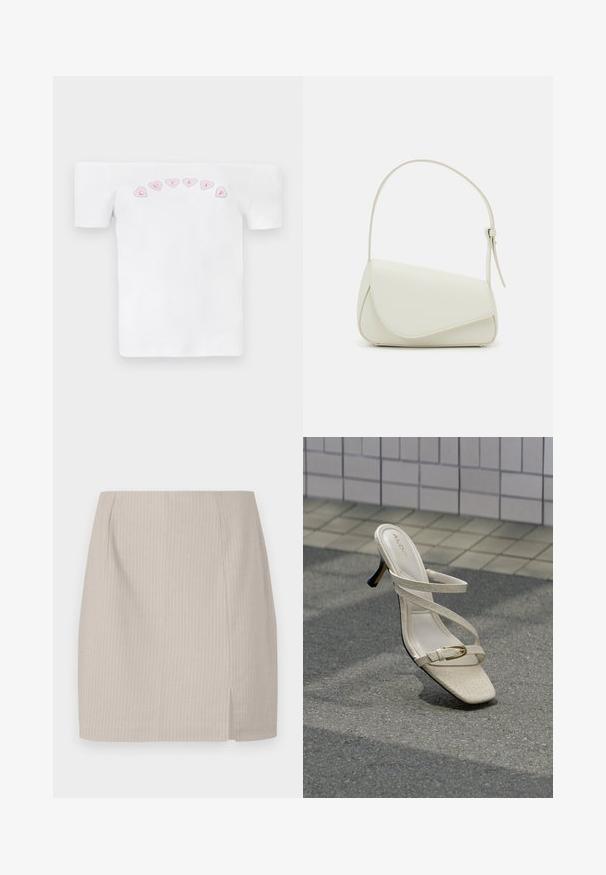 Camiseta blanca sin mangas de algodón, con un patrón de corazones rosas y el texto "CUTIES" en una fuente divertida en el pecho.; Falda lápiz beige con textura de rayas, corte recto y una abertura lateral para mayor movimiento. Confeccionada en tejido ligero.; Sandalia de tacón alto beige con tiras finas y una pequeña hebilla dorada, mostrada sobre un pavimento texturizado frente a una pared alicatada.; Bolso de mano de imitación cuero blanco con una forma triangular estructurada, correa ajustable única y cierre con solapa acentuada en curva.