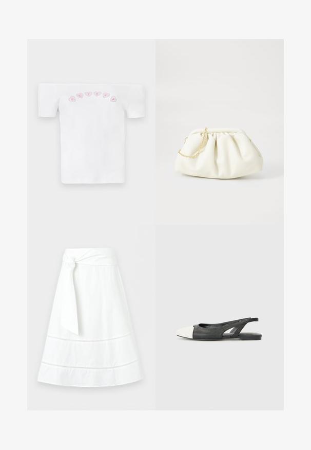 Camiseta blanca sin mangas de algodón, con un patrón de corazones rosas y el texto "CUTIES" en una fuente divertida en el pecho.; Falda blanca en línea A con una cinturilla ancha atada en un nudo lateral y insertos decorativos de encaje horizontal cerca del dobladillo.; Zapato slingback en blanco y negro con un cuerpo de tela texturizada, punta afilada y un diseño recortado en los laterales. Suela plana para mayor comodidad al usar.; Bolso de mano de cuero blanco con un diseño recogido, cuenta con una cadena dorada y forma redondeada. Textura suave con pliegues suaves y sin patrones.