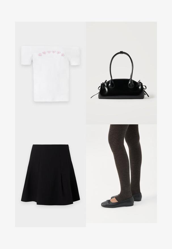 Hvid off-shoulder t-shirt lavet af bomuld, med et rosa hjerte mønster og teksten "CUTIES" i en legesyg skrifttype hen over brystet.; Sort flared nederdel med folder foran, en glat tekstur og en skjult lynlås lukning bagpå.; Ben iført mørke ribbede leggings kombineret med sorte balletsko med små sløjfedetaljer på hvid baggrund.; Lille sort blank håndtaske med to lange håndtag og snøre-detaljer i siden på en ensfarvet lys baggrund.