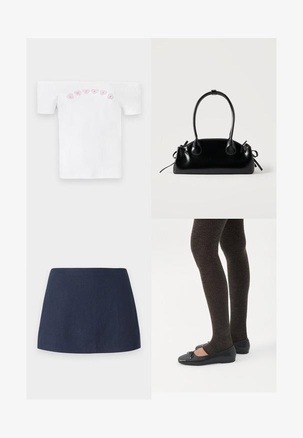 Camiseta blanca sin mangas de algodón, con un patrón de corazones rosas y el texto "CUTIES" en una fuente divertida en el pecho.; Falda corta en línea A de color azul oscuro, hecha de una tela texturizada y ligera, con una cintura suave y sin patrones ni adornos.; Piernas con leggings oscuros acanalados combinados con bailarinas negras que presentan pequeños detalles de lazo sobre un fondo blanco.; Pequeño bolso negro brillante con dos asas largas y detalles de cordón lateral sobre un fondo claro liso.