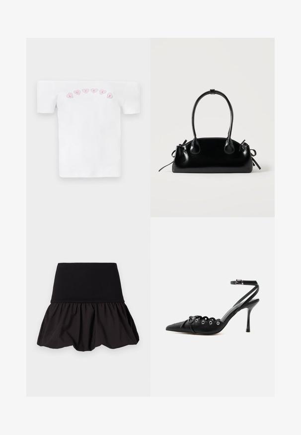 Camiseta blanca sin mangas de algodón, con un patrón de corazones rosas y el texto "CUTIES" en una fuente divertida en el pecho.; Falda negra acampanada con una cinturilla acanalada y textura fruncida en el dobladillo, hecha de una tela ligera para mayor comodidad y movimiento.; Zapato de tacón alto negro con punta fina, bordes ondulados, ojales metálicos, cordones delanteros y una correa en el tobillo con cierre de hebilla.; Pequeño bolso negro brillante con dos asas largas y detalles de cordón lateral sobre un fondo claro liso.