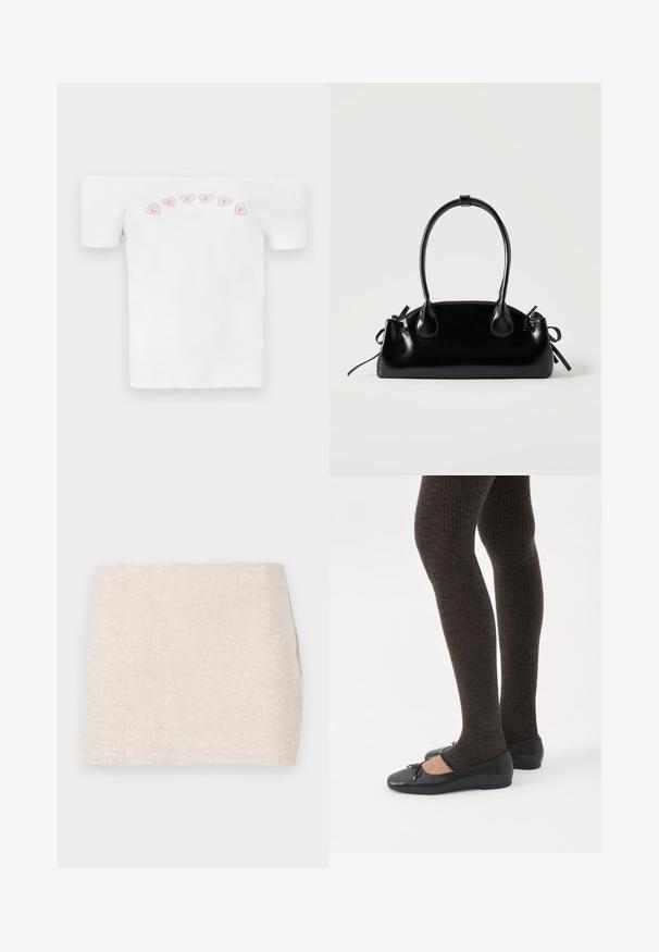 Hvid off-shoulder t-shirt lavet af bomuld, med et rosa hjerte mønster og teksten "CUTIES" i en legesyg skrifttype hen over brystet.; Beige linnedyr med et minimalistisk design, der har en glat tekstur og en subtil vævning. Det har en lige, simpel skæring uden synlige lukninger.; Ben iført mørke ribbede leggings kombineret med sorte balletsko med små sløjfedetaljer på hvid baggrund.; Lille sort blank håndtaske med to lange håndtag og snøre-detaljer i siden på en ensfarvet lys baggrund.