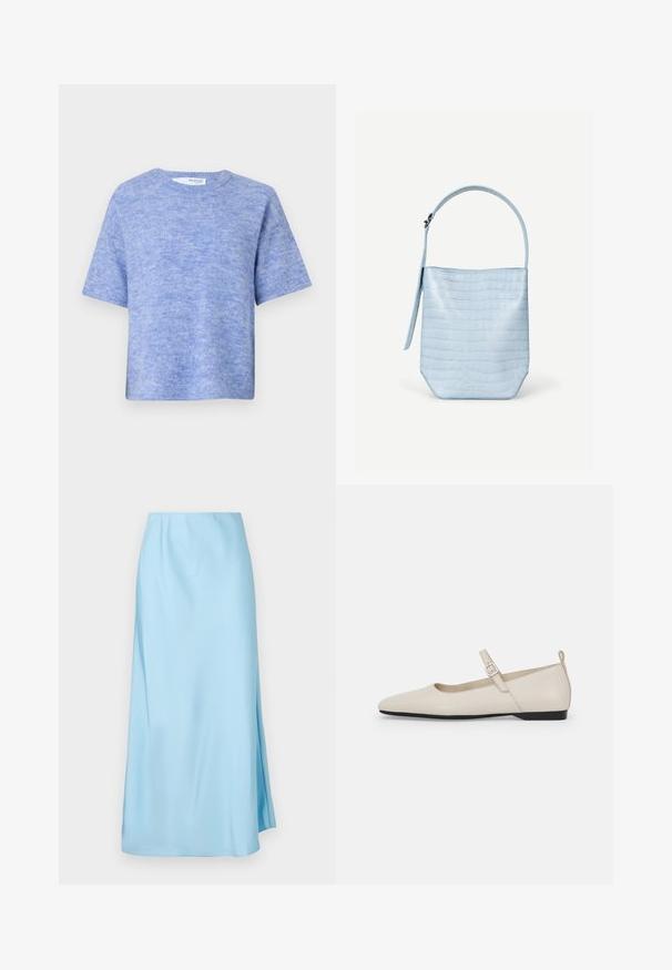 Lyseblå kortærmet sweater lavet af blødt, struktureret stof. Har en rund halsudskæring og en afslappet pasform med minimal detaljer.; Lyseblå midi nederdel med glat tekstur, der har et lille sideslids og elastik i taljen for komfort og nem wearing.; Hvide ballerinasko i læder med spids tå, ankelsnor og lav sort hæl. Glat tekstur med minimale detaljer.; Lyseblå håndtaske med krokodillestruktur, rektangulær form, enkelt topstrop, og en sideophængt rem på en ensartet hvid baggrund.
