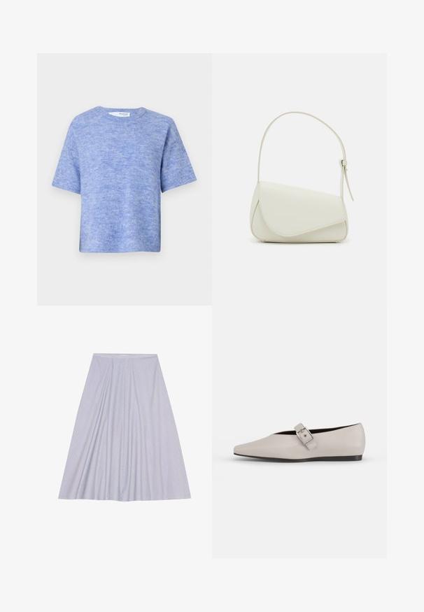 Svetlo modrý krátky rukáv sveter vyrobený z mäkkej, textúrovanej tkaniny. Má okrúhly výstrih a voľný strih s minimálnymi detailmi.; Anna Field by Zalando sukňa v tvare A - blue/white; Béžová kožená plochá obuv s špicatou špičkou, bočným prackovým akcentom a nízkou čiernou podrážkou. Hladká textura a minimalistický dizajn.; Biela kabelka z umelého kože so štruktúrovaným trojuholníkovým tvarom, jedným nastaviteľným popruhom a prekrytím so zakriveným akcentom.