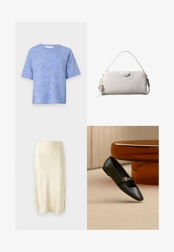 Lyseblå kortærmet sweater lavet af blødt, struktureret stof. Har en rund halsudskæring og en afslappet pasform med minimal detaljer.; Satin midi-nederdel i lys gul med en glat tekstur, der har en sideslids og et lige snit. Enkel og elegant silhuet.; Sort læder flad sko med spids tå og gyldent CK-logo på rem, placeret på beige tæppe nær et rundt ravbrunt bord.; Hvid rektangulær Calvin Klein håndtaske med enkelt håndtag, minimalistisk design og dekorative kvaster med geometrisk metalvedhæng på siden.