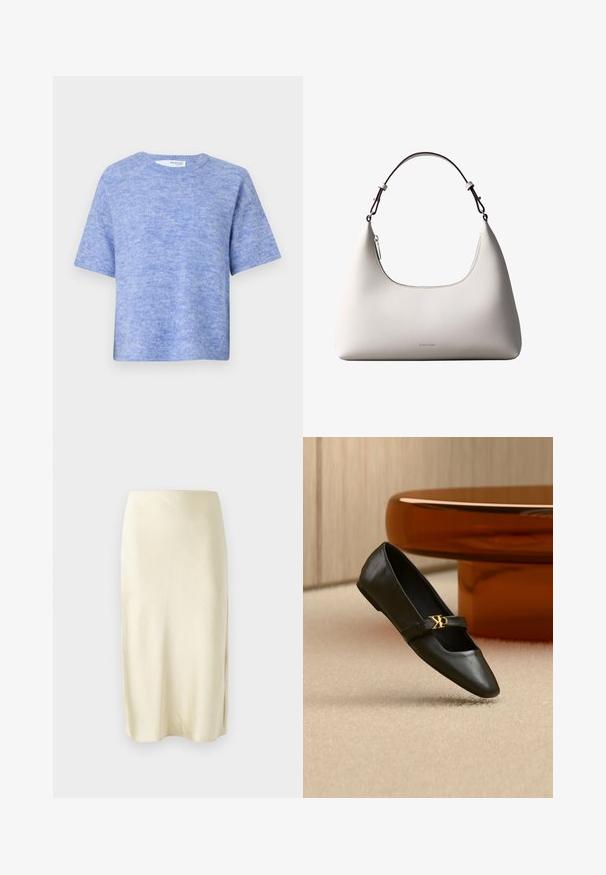 Lichtblauwe trui met korte mouwen, gemaakt van zachte, gestructureerde stof. Heeft een ronde halslijn en een relaxte pasvorm, met minimale details.; Satin midi rok in bleekgeel met een gladde textuur, met een split aan de zijkant en een rechte snit. Eenvoudige en elegante silhouet.; Zwarte leren platte schoen met puntige neus en gouden CK-logo op het bandje, geplaatst op een beige tapijt bij een ronde amberbruine tafel.; Romige Calvin Klein leren schoudertas met gebogen bovenrand, zilveren rits en donkerbruine verstelbare riem.