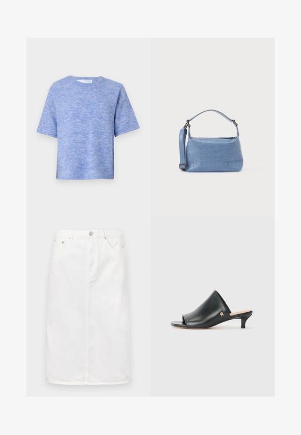 Lyseblå kortærmet sweater lavet af blødt, struktureret stof. Har en rund halsudskæring og en afslappet pasform med minimal detaljer.; Hvid denimnederdel med lynlås foran, fem lomme-design og lige silhuet med stikninger.; Sorte læder open-toe mules med en lav hæl. Har en glat overflade og et guld logo-prim på siden.; Lyseblå taske med krokodillepræg, kort håndtag og aftagelig skulderrem. Glat tekstur med lynlås.