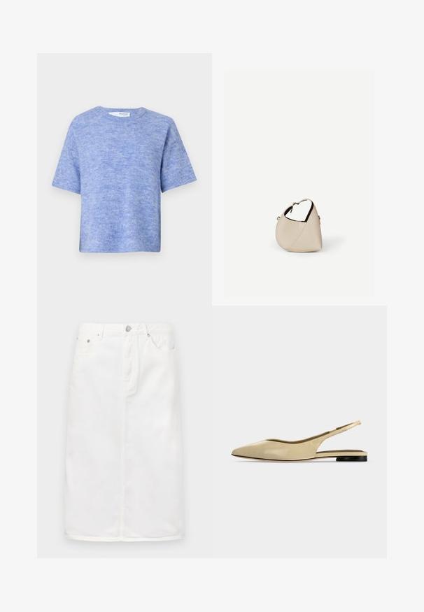Lichtblauwe trui met korte mouwen, gemaakt van zachte, gestructureerde stof. Heeft een ronde halslijn en een relaxte pasvorm, met minimale details.; Witte denim rok met een ritssluiting aan de voorkant, vijf-pocket ontwerp en een rechte silhoutte met stikselaccenten.; Beige platte slingback schoen met puntige neus, lage zwarte hak en een glad leren afwerking, zijaanzicht op een effen achtergrond.; Beige leren handtas in halvemaanvorm met een enkele schouderband en minimale stiksels, afgebeeld tegen een effen witte achtergrond.