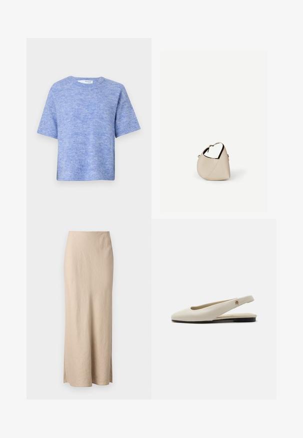 Lyseblå kortærmet sweater lavet af blødt, struktureret stof. Har en rund halsudskæring og en afslappet pasform med minimal detaljer.; Samsøe Samsøe AGNETA LONG SKIRT - Maxinederdele - white pepper; Flatsko i cremefarvet læder med rundet tå og lille guldemblem på remmen.; Beige læder håndtaske i halvmåneform med en enkelt skulderrem og minimal syning, sat mod en ensartet hvid baggrund.
