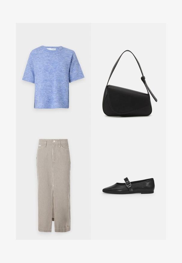Ανοιχτό μπλε κοντομάνικο πουλόβερ από μαλακό, υφασμάτινο υλικό. Διαθέτει στρογγυλή λαιμόκοψη και χαλαρή εφαρμογή, με ελάχιστες λεπτομέρειες.; Ριγέ μίντι φούστα σε ανοιχτό μπεζ και σκούρο καφέ, φτιαγμένη από βαμβάκι, με μπροστινή σχισμή και θηλιές για ζώνη. Κλασικός σχεδιασμός και ραμμένη εφαρμογή.; Μαύρο δερμάτινο φλατ παπούτσι με στρογγυλή μύτη, μία ρυθμιζόμενη αγκράφα και λεία, γυαλιστερή υφή. Μινιμαλιστικός σχεδιασμός με χαμηλό τακούνι.; Μαύρη δερμάτινη τσάντα χειρός με τριγωνικό σχήμα, γωνιακή καπάκι και στρογγυλή λαβή στην κορυφή. Διαθέτει λεία υφή και μινιμαλιστικά σχεδιαστικά στοιχεία.