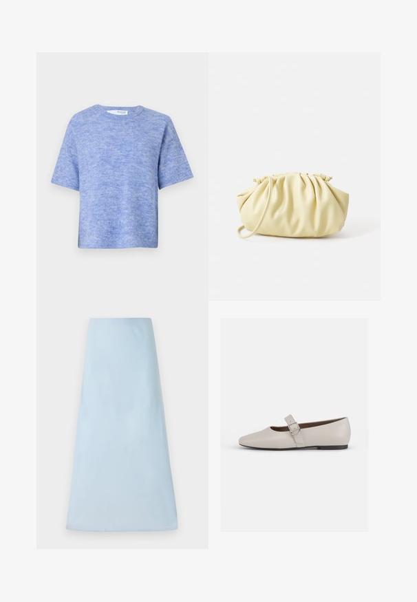 Lyseblå kortærmet sweater lavet af blødt, struktureret stof. Har en rund halsudskæring og en afslappet pasform med minimal detaljer.; Lys blå A-linjeet nederdel lavet af et glat stof, med et rent design uden synlige mønstre eller accenter, der når til midten af låret.; Beige læder Mary Jane flad sko med spids tå, ankelrem og en sølvspænde detalje, der har en lav sort hæl.; Gul plisseret håndtaske lavet af glat kunstlæder, med en blød form, en enkelt skulderrem og samlet topdesign.