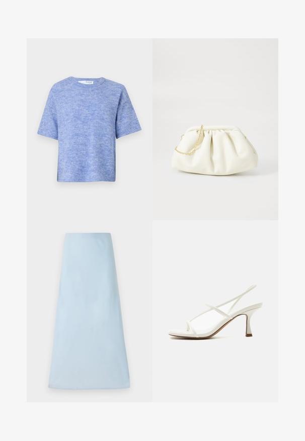 Lyseblå kortærmet sweater lavet af blødt, struktureret stof. Har en rund halsudskæring og en afslappet pasform med minimal detaljer.; Lys blå A-linjeet nederdel lavet af et glat stof, med et rent design uden synlige mønstre eller accenter, der når til midten af låret.; Hvid kvindes sandal med åben tå, tynde krydsede stropper og slingback på en lys baggrund.; Hvid læderhåndtaske med en samlede design, forsynet med en guldkæde-strop og en rund form. Glat tekstur med bløde folder og ingen mønstre.