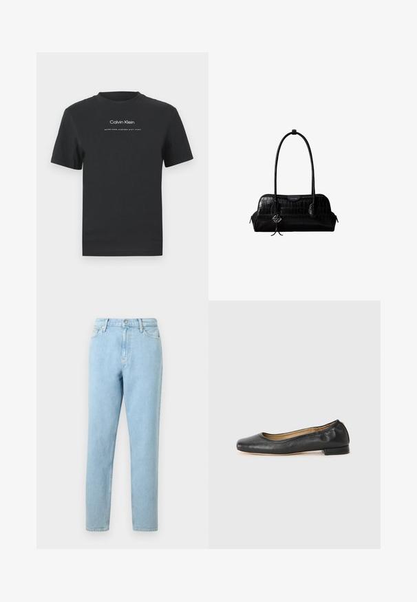 Čierne bavlnené tričko s okrúhlym výstrihom, kratkými rukávmi a bielou potlačou loga "Calvin Klein" a textu "Established 1968".; Svetlomodré džínsy s rovnými nohavicami, dizajnom piatich vreciek a zapínaním na gombík. Obsahujú jemné vyblednutia a hladký povrch.; Čierne kožené baletky s okrúhlou špičkou a minimálnym šitím. Nízky, obdĺžnikový podpätok a hladká textura. Diskrétny detail podšívky vnútri.; Čierna kožená kabelka na rameno s krokodílou štruktúrou, dlhými remienkami a malým strieborným príveskom s logom na jednom remienku.