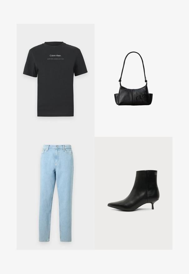Μαύρη βαμβακερή μπλούζα T-shirt με στρογγυλή λαιμόκοψη, κοντά μανίκια και λευκό εκτυπωμένο λογότυπο "Calvin Klein" καθώς και κείμενο "Established 1968".; Ανοιχτό μπλε τζιν παντελόνι με κανονική γραμμή, σχέδιο πέντε τσεπών και κλείσιμο με κουμπί. Διαθέτει διακριτική φθορά και απαλό υλικό.; Μαύρο δερμάτινο μποτάκι γύρω από τον αστράγαλο με μυτερή μύτη και χαμηλό τακούνι σε ανοιχτό φόντο, εμφανίζει την εξωτερική πλευρά.; Μαύρη δερμάτινη τσάντα ώμου με μακρύ λουράκι, πλαϊνές θήκες και ανάγλυφο λογότυπο Calvin Klein στο μπροστινό μέρος.