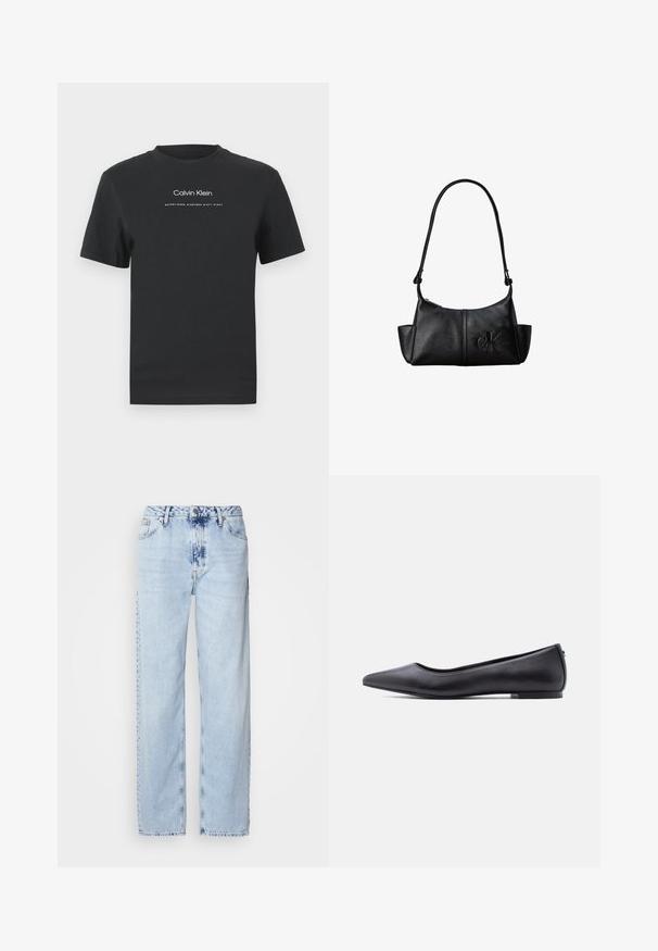 Čierne bavlnené tričko s okrúhlym výstrihom, kratkými rukávmi a bielou potlačou loga "Calvin Klein" a textu "Established 1968".; Svetlomodré široké džínsy vyrobené z denimu, s vysokým pásom, vyblednutým umývaním a jemným vzorom batikovania na prednej strane.; Čierna kožená balerína s špičatou špičkou a nízkym podpätkom, zobrazená z profilu na bielom pozadí.; Čierna kožená taška cez rameno s dlhým popruhom, bočnými vreckami a vystúpeným logom Calvin Klein vpredu.
