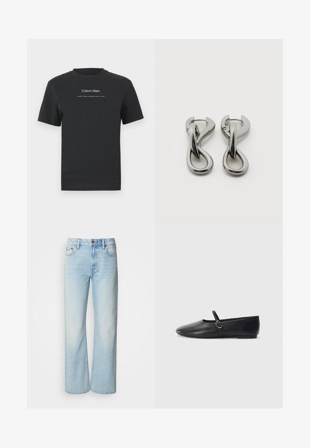 Μαύρη βαμβακερή μπλούζα T-shirt με στρογγυλή λαιμόκοψη, κοντά μανίκια και λευκό εκτυπωμένο λογότυπο "Calvin Klein" καθώς και κείμενο "Established 1968".; Ανοιχτό μπλε φαρδιά τζιν παντελόνια φτιαγμένα από τζιν, με κλασικό σχέδιο πέντε τσεπών και μια διακριτική φθαρμένη υφή. Είναι ορατές οι ραφές από τζιν.; Μαύρες δερμάτινες μπαλαρίνες με μυτερή μύτη, επίπεδο πάτο και μικρή λωρίδα με λεπτομέρεια ασημένιας αγκράφας.; Ζευγάρι ασημένιων μεταλλικών σκουλαρικιών με αφηρημένο σχέδιο διαπλεγμένων βρόχων σε λευκό φόντο.