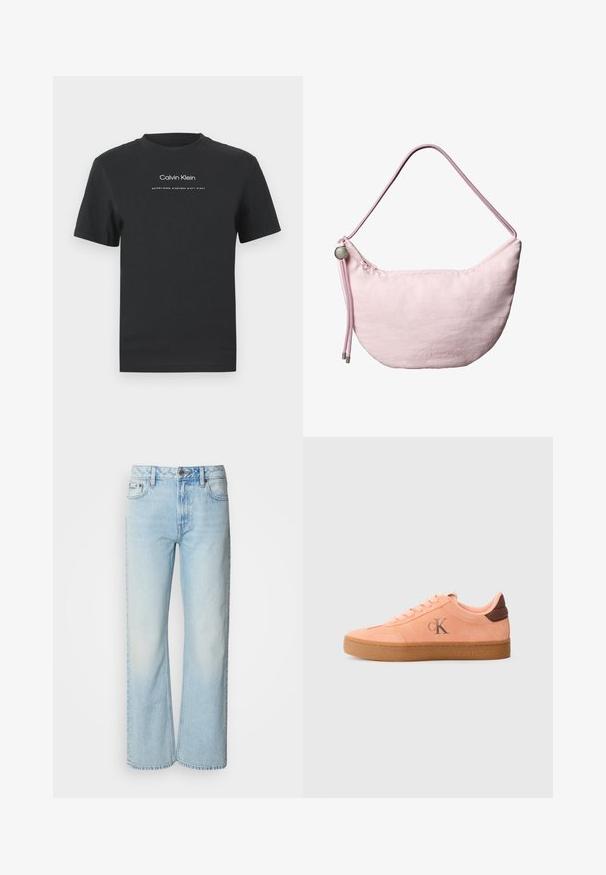 Čierne bavlnené tričko s okrúhlym výstrihom, kratkými rukávmi a bielou potlačou loga "Calvin Klein" a textu "Established 1968".; Svetlomodré široké džínsy vyrobené z denimu, s klasickým päť-pocket dizajnom a jemnou vyblednutou textúrou. Švy z denimu sú viditeľné.; Svetloružové semišové tenisky s hnedými detailmi, okrúle špičky, šnurovací dizajn a gumová podrážka. Obsahujú decentné logo na boku.; Mäkká ružová ramenná taška v tvare polmesiaca s nastaviteľným popruhom zo šnúry, kovovým zarážkou a nenápadným vyrazeným logom „cK“ na prednej stredovej časti.