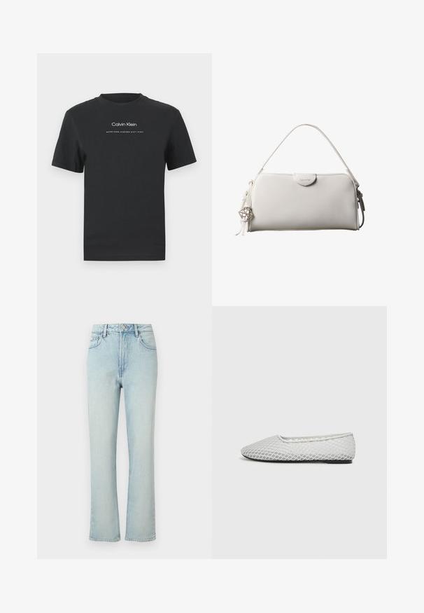 Čierne bavlnené tričko s okrúhlym výstrihom, kratkými rukávmi a bielou potlačou loga "Calvin Klein" a textu "Established 1968".; Svetlomodré rifle s vysokým pásom a rovnými nohavicami, s predným gombíkom, opaskovými očkami a klasickým päťvreckovým dizajnom na jednofarebnom pozadí.; Ploché topánky z bielej sieťoviny, s špicatou špičkou a minimalistickým dizajnom. Textúrovaný povrch so soft podšívkou.; Biela obdĺžniková kabelka Calvin Klein s jedným rúčikom, minimalistickým dizajnom a dekoratívnymi strapcami s geometrickým kovovým príveskom na boku.