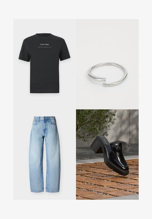 T-shirt en coton noir avec un col rond, des manches courtes, et un logo "Calvin Klein" imprimé en blanc ainsi que le texte "Established 1968".; Jean en denim bleu clair à coupe droite avec cinq poches, passants pour ceinture et fermeture à bouton sur le devant.; Mule slip-on en cuir noir Calvin Klein avec talon bloc reposant sur des carreaux en bois à l'extérieur près d'une plante verte et d'un mur gris.; Calvin Klein SPIRAL - Bracelet - silver-coloured