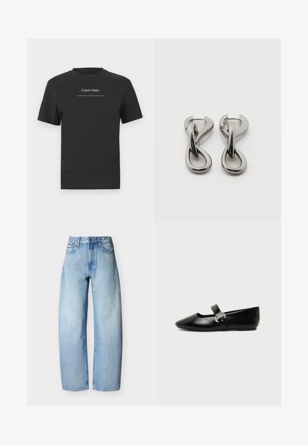 Čierne bavlnené tričko s okrúhlym výstrihom, kratkými rukávmi a bielou potlačou loga "Calvin Klein" a textu "Established 1968".; Svetlomodré džínsy rovného strihu s piatimi vreckami, očkami na opasok a predným zapínaním na gombík.; Čierna kožená Mary Jane balerína s zaoblenou špičkou a striebornou prackou na jednoduchom pozadí.; Pár strieborných kovových náušníc s abstraktným prepletajúcim sa slučkovým vzorom na bielom pozadí.