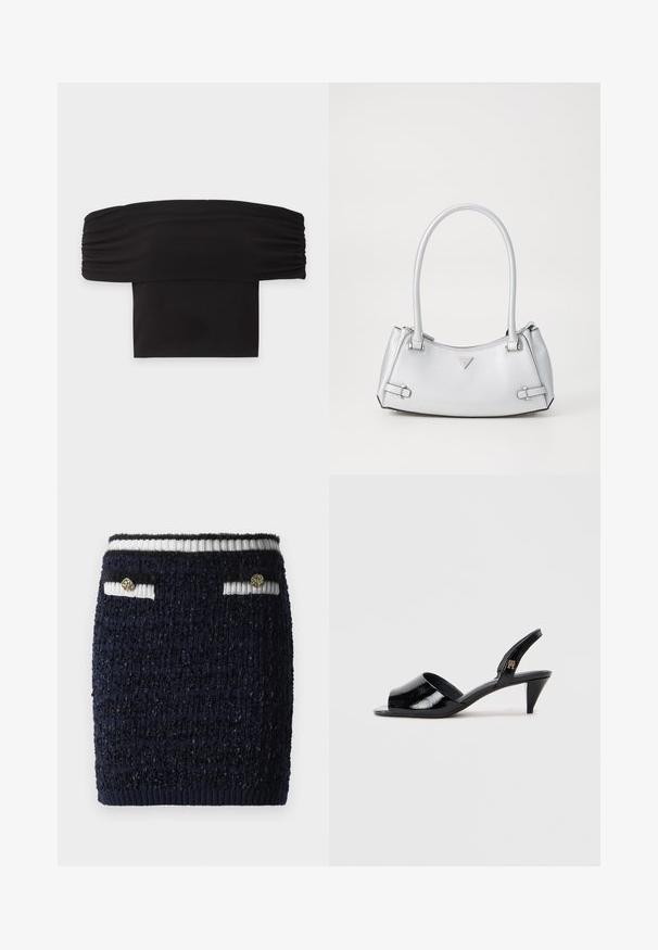 Čierny crop top bez ramien s nariasenými krátkymi rukávmi a rovným výstrihom na jednoduchom svetlom pozadí.; Námornícky modrá textúrovaná mini sukňa s rebrovanym bielym a námornícky modrým pásom a dvoma malými prednými vreckami, z ktorých každé má zlatý dekoratívny gombík.; Čierne lakované kožené slingback lodičky s otvorenou špičkou, obsahujúce štíhlu pätu a značkový detail na remienku.; Strieborná kabelka so štruktúrovaným dizajnom, s dvoma ušami, lesklou textúrou, akcentovaným hardvérom a trojuholníkovým logom na prednej strane.