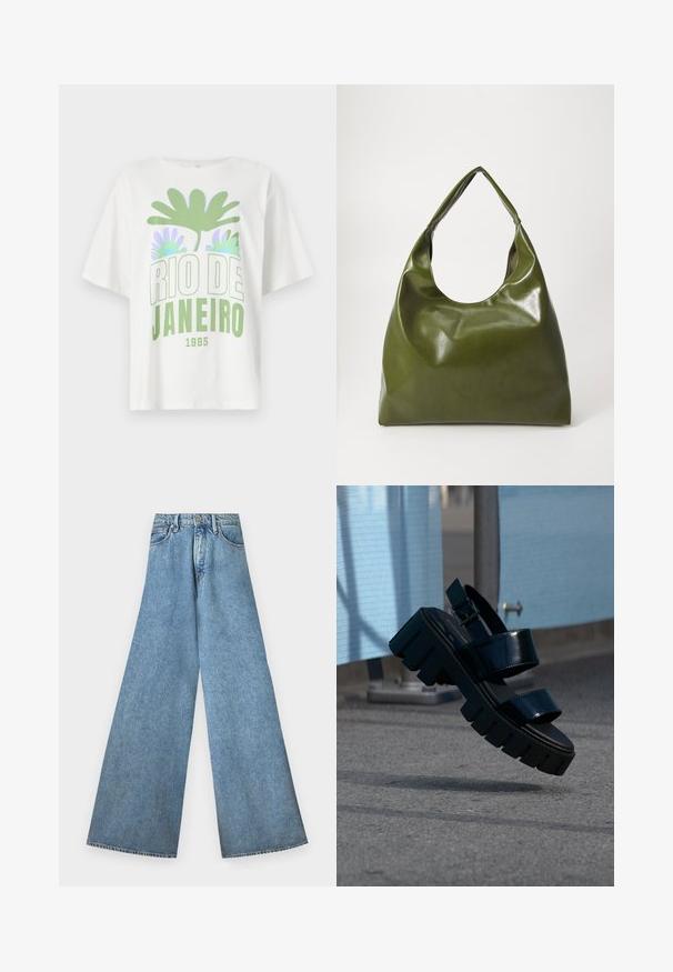 T-shirt blanc à manches courtes avec un graphique vert et lavande représentant des feuilles de palmier et le texte "RIO DE JANEIRO 1995" en lettres grasses.; Good American PANELED WIDE LEG - Wide Leg - indigo; Sandale plateforme noire épaisse avec deux brides et une boucle, suspendue en l'air au-dessus d'un sol en béton gris et d'un fond en tissu bleu.; Sac hobo en cuir vert au design décontracté, avec une poignée incurvée et une texture lisse. Ne contient aucun matériel ou accent visible.