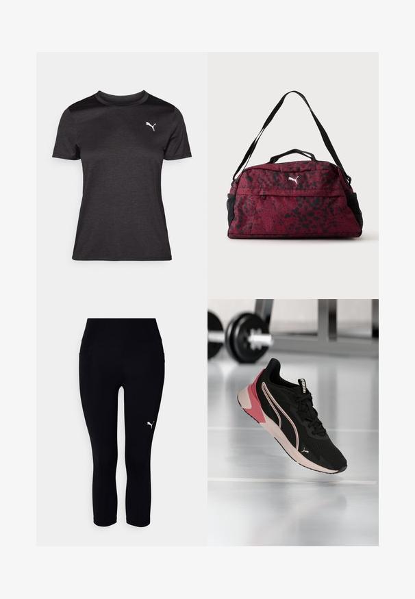 Sort atletisk T-shirt med korte ærmer, rund halsudskæring og et hvidt logo på brystet. Glat tekstur og tætsiddende form.; Sort capri leggings fremstillet af strækbart materiale, med høj talje og et lille hvidt logo på venstre side. Glat tekstur.; Sort og pink Puma løbesko svævende over et reflekterende fitnessgulv, med slørede håndvægte i baggrunden.; Rød og sort sportstaske med pletter, med frontlynlåslomme, sorte netlommer i siderne, dobbelte håndtag og justerbar skulderstrop.