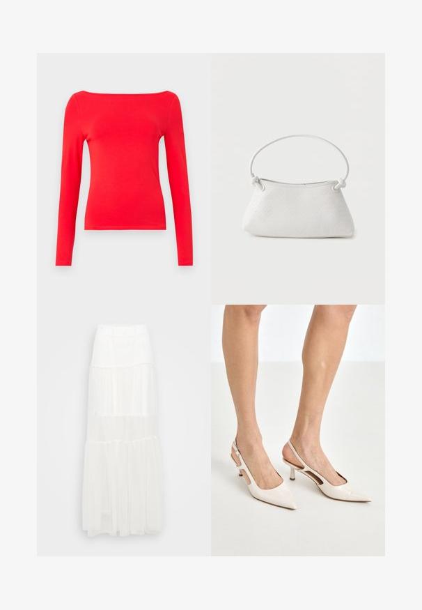 Camiseta roja de manga larga con escote barco, fabricada en suave tejido de algodón. Diseño simple, forma ajustada y de un solo color sin patrones.; Falda maxi blanca con diseño de capas y cinturilla elástica. Fabricada en tejido ligero, presenta capas semitransparentes y un diseño fluido.; Tacones slingback de charol beige con punta afilada y un tacón de 5 cm, con lados recortados y una delgada correa en el tobillo.; Bolso de mano de cuero blanco tejido con asa redondeada y extremos de la correa anudados, exhibido sobre un fondo liso.