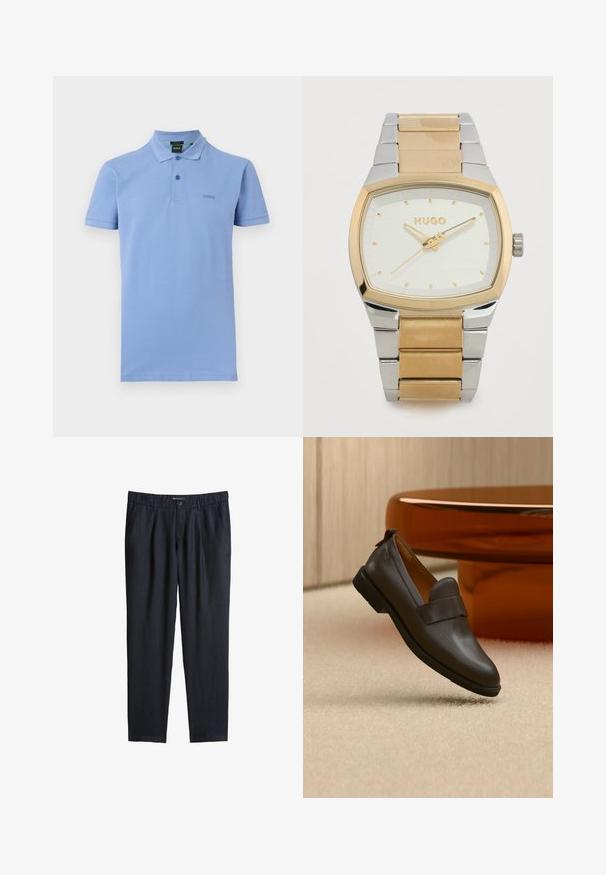 Polo bleu clair à manches courtes avec col et deux boutons, arborant un petit logo "BOSS" discret sur le côté gauche de la poitrine.; Pantalons noirs à jambes droites avec passants de ceinture, fermeture par bouton sur le devant, fermeture éclair et poches latérales, présentés sur un fond blanc.; Mocassin en cuir marron foncé avec un petit talon flottant au-dessus d'un tapis beige, à côté d'une table brillante, arrondie et de couleur ambre.; Montre-bracelet Hugo pour hommes avec bracelet rectangulaire en acier inoxydable or et argent, cadran blanc avec aiguilles et index dorés.