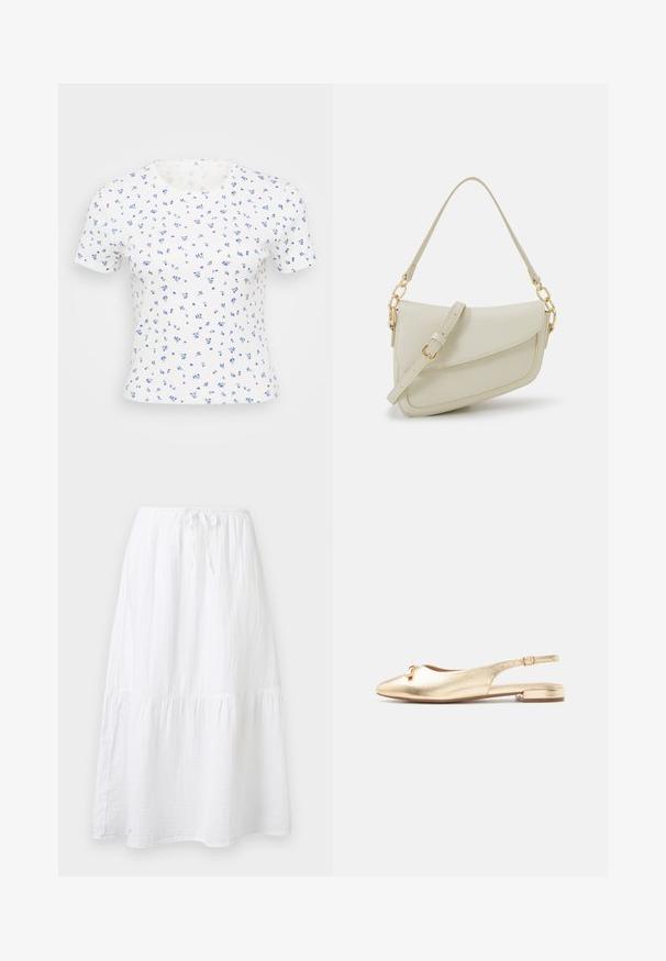 Witte T-shirt met korte mouwen met een kleine bloemenprint in blauwtinten. De stof heeft een geribbelde textuur en een klassieke ronde hals.; Witte katoenen midi-rok met geplooide laag, elastische tailleband en koordsluiting.; Goudkleurige platte slingback schoen met puntige neus, klein gespdetail en lage blokhak op witte achtergrond.; Kleine crèmekleurige handtas met een textuurafwerking, een lange verstelbare schouderband, een kettingaccent en een klepsluiting. Gouden hardware-details.