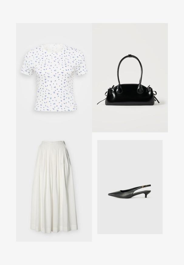 T-shirt blanc à manches courtes avec un petit imprimé floral dans des tons de bleu. Le tissu a une texture côtelée et un col rond classique.; Longue jupe blanche plissée avec une taille ajustée et un ourlet large, présentée sur un fond uni.; Chaussure slingback noire à bout pointu en cuir lisse. Présente un talon fin et un détail de boucle sur la sangle réglable.; Petit sac à main noir brillant avec deux longues anses et des détails à cordon sur les côtés sur un fond clair uni.