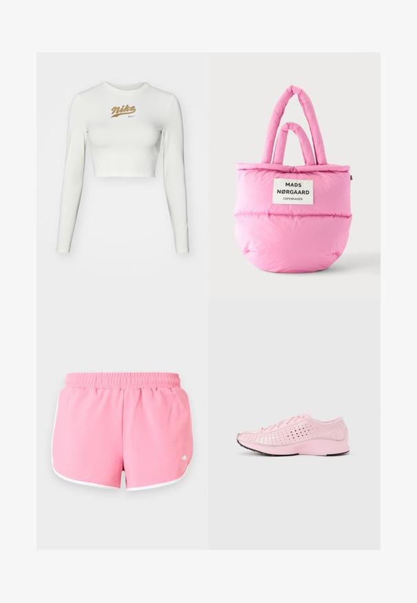 Pitkähihaista valkoista crop-topia, joka on valmistettu sileästä kankaasta. Siinä on kultainen Nike-logo painettuna rintaan ja klassinen pyöreä kaula-aukko.; Vaaleanpunaiset urheilushortsit valkoisilla reunoilla ja joustavalla vyötäröllä, esitettynä tasaisesti vaalealla taustalla.; Vaaleanpunainen urheilukenkä, jossa on ilmastointireikiä, nauhakiinnitys, korotettu pohja ja hento Nike-swoosh sivulla, esillä sivuprofiilista valkoisella taustalla.; Pehmeä vaaleanpunainen pehmustettu olkalaukku, jossa on kaksinkertaiset kahvat ja valkoinen suorakaiteen muotoinen etiketti, jossa lukee "Mads Nørgaard Copenhagen."