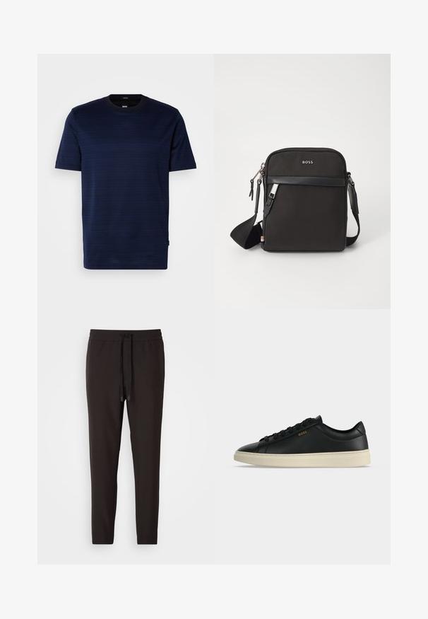 Camiseta de manga corta azul marino con un sutil patrón de rayas y cuello redondo. Fabricada en tejido suave, cuenta con una pequeña etiqueta con el logotipo en el lateral.; Pantalones de chándal negros hechos de una tela suave, con una cintura elástica y cordón, piernas ajustadas y sin patrones ni adornos visibles.; Zapatilla baja negra de cuero con suela blanca, cordones negros y pequeño logo dorado BOSS en el lateral.; Bolso bandolero negro con un tejido texturizado, logo en la parte frontal, cierre de cremallera y correa ajustable. Presenta un ribete de cuero suave.