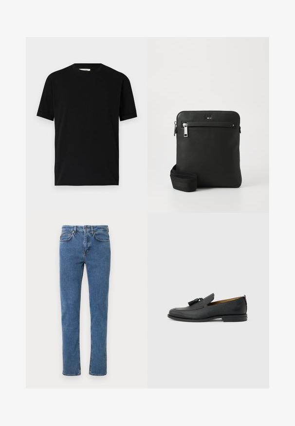 T-shirt noir à manches courtes en coton avec un col rond et une coupe ample. Texture lisse, sans motifs ni logos visibles.; Jean en denim bleu avec une coupe droite, présentant un design classique à cinq poches, des passants pour ceinture et des détails de couture contrastants.; Mocassin pour homme en cuir noir avec pompons, bout arrondi, petit talon et languette à l'arrière, présenté de profil sur un fond gris clair.; Sac bandoulière en cuir noir avec un design plat, surface texturée, fermeture éclair, poche avant et une sangle en tissu ajustable.