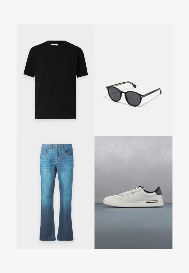 Schwarzes kurzärmliges T-Shirt aus Baumwolle mit Rundhalsausschnitt und lockerer Passform. Sanfte Textur, keine Muster oder sichtbaren Logos.; Mitternachtsblaue Waschung Jeans mit leichtem Ausschlag am Saum, klassisches Fünf-Taschen-Design und vorderem Knopf- und Reißverschluss.; Weißer Sneaker mit niedrigem Schnitt und schwarzer Ferse, Schnürverschluss, dezenten Perforationen und "BOSS"-Logo an der Seite, gezeigt von der äußeren Seitenansicht.; BOSS Sonnenbrille - black