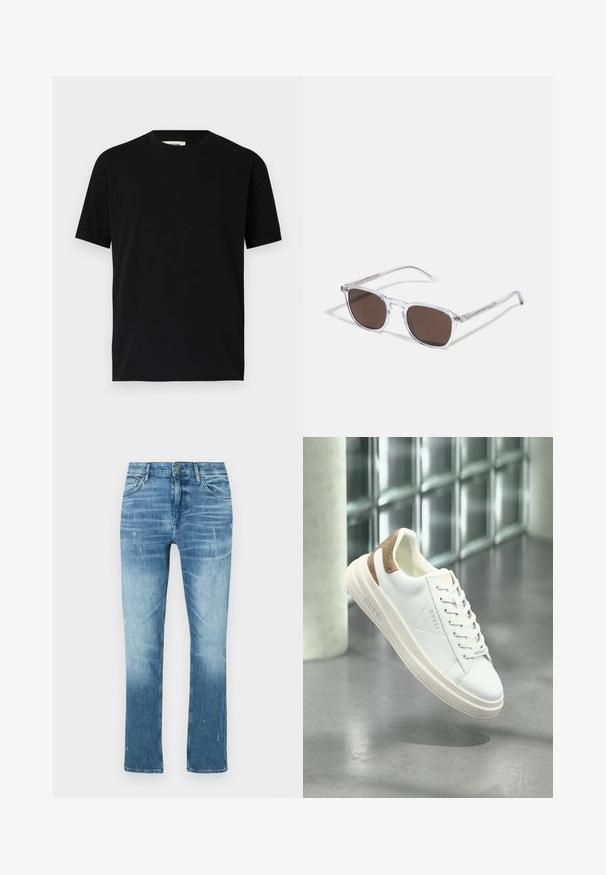 Camiseta negra de manga corta hecha de algodón con un cuello redondo y un corte holgado. Textura suave, sin patrones ni logotipos visibles.; Jeans rectos de color azul claro, hechos de mezclilla, con un acabado desvanecido, un ligero desgaste y un diseño tradicional de cinco bolsillos.; Zapatilla de cuero blanco con acento de patrón beige en el talón, textura suave, diseño con cordones y marca en relieve en el lateral.; Gafas de sol de plástico transparente con lentes marrones rectangulares, que cuentan con finas varillas transparentes y acentos metálicos en las patillas.