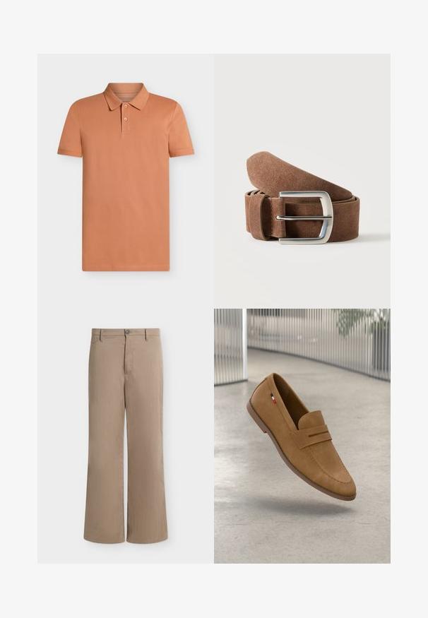 Polo pour hommes à manches courtes de couleur orange doux unie, avec patte de boutonnage à deux boutons et col classique, sur un fond uni.; Pantalon beige droit avec fermeture par bouton et zip, passants pour ceinture et poches latérales sur fond uni.; Mocassins en daim marron avec une semelle plate, ornés d'une bande décorative sur le dessus et d'un petit accent rouge, blanc et bleu.; Ceinture en daim marron roulée avec une boucle rectangulaire en métal argenté sur un fond clair uni.