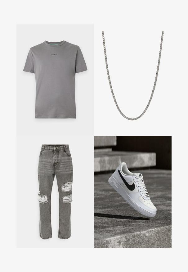 Lysegrå T-shirt lavet af bomuld med korte ærmer og rund hals. "REPLAY" er broderet i sort på brystet.; Brave Soul MJN PILOTGRY - Jeans Slim Fit - grey wash; Hvid Nike Air Force 1-sneaker med sort swoosh, snørebånd bundet, placeret i luften over tekstureret betonoverflade udendørs.; Metalkæde halskæde med fletdesign, sølvfarvet, glat tekstur og jævne led, velegnet til forskellige stilarter og anledninger.