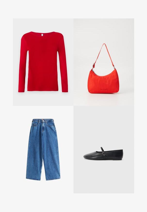 Camiseta roja de manga larga hecha de suave algodón. Presenta un escote redondeado y un ajuste ceñido, con una textura suave y sin patrones visibles.; Jeans de mezclilla anchos de color azul con botón delantero y cremallera, cinco bolsillos y costuras en contraste sobre un fondo blanco.; Bailarinas de cuero negro con punta afilada, suela plana y una pequeña correa con detalle de hebilla plateada.; Bolso de mano de nylon rojo con una silueta curva, una sola correa, herrajes plateados y detalle de logo en relieve en la parte frontal. Textura suave.