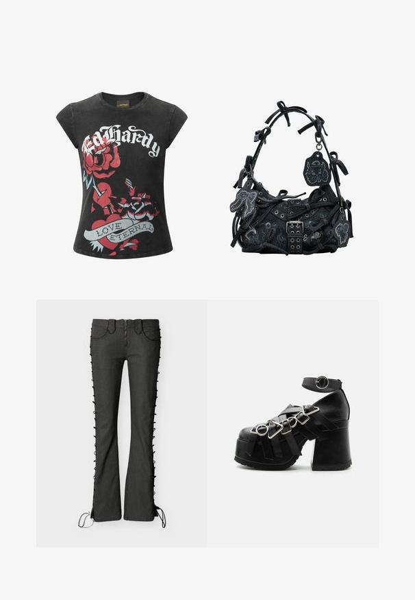Schwarzes Kurzarm-T-Shirt mit großen roten Rosen und einem Herz-Graphic, versehen mit dem Text "Ed Hardy" und "LOVE ETERNAL" in weißen und blauen Akzenten.; Schwarze Schlagjeans mit seitlichen Schnürdetails, ausgestattet mit Reißverschluss und vier Taschen. Glatte Textur und figurbetonte Silhouette.; Schwarze klobige Plateau-Sandalette mit mehreren silbernen Schnallenriemen und einem Knöchelriemen mit rundem Schnallenverschluss.; Desigual MARÍA ESCOTÉ - Handtasche - black