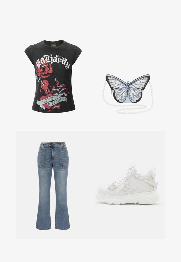 T-shirt negro de manga corta con grandes rosas rojas y un gráfico de un corazón que incluye el texto "Ed Hardy" y "LOVE ETERNAL" en acentos blancos y azules.; Vaqueros de mezclilla azul con cintura alta, bolsillos delanteros parcheados, cierre de botón y cremallera, y una silueta de pierna ligeramente acampanada.; Zapatilla blanca gruesa con suela gruesa y detalles decorativos de mariposas 3D en el lateral, los cordones y el talón.; Bolso en forma de mariposa con cuerpo azul claro, alas blancas detalladas, acentos negros y una cadena de perlas como asa. Cierre de cremallera en el lateral.